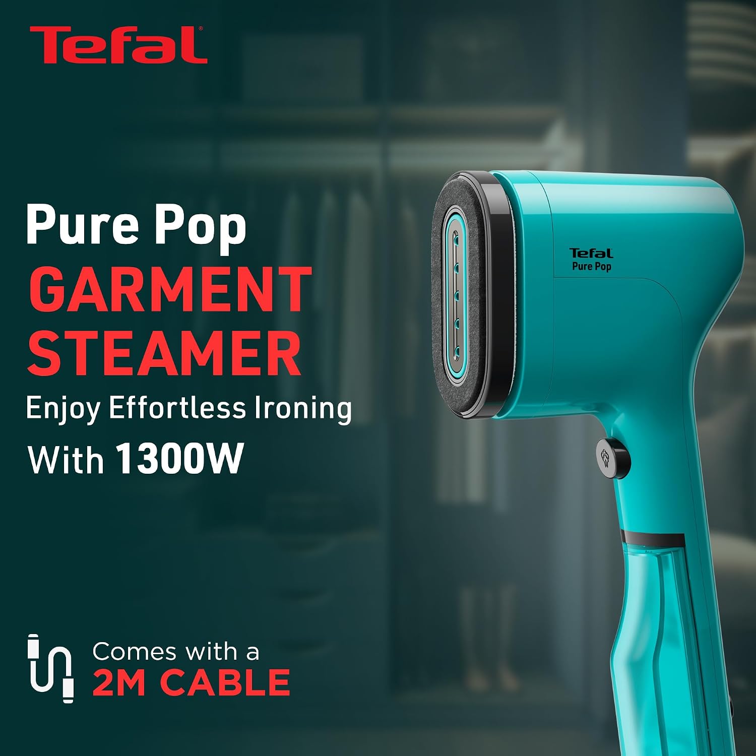 Tefal Pure Pop Handheld Garment Steamer | 1300W | Compact, Convenient Vertical Steaming | Reversible Pad | 2m Cable | 20g/min Steam | 15-sec Heat-Up | Green | No.1 Ironing Brand in Europe