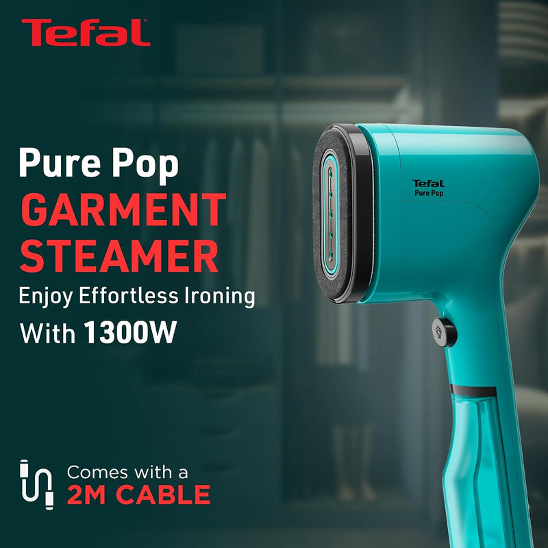 Tefal Pure Pop Handheld Garment Steamer | 1300W | Compact, Convenient Vertical Steaming | Reversible Pad | 2m Cable | 20g/min Steam | 15-sec Heat-Up | Green | No.1 Ironing Brand in Europe