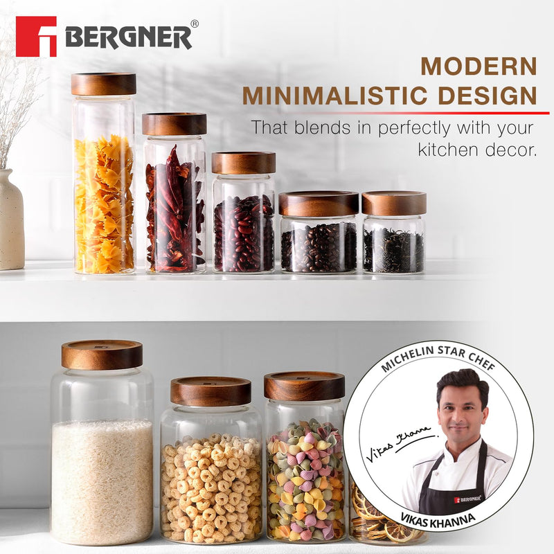 Bergner Acadia Borosilicate Glass Jars with Solid Wood Lid, Set of 2 Jars, 120ml Each, For Storing and Preserving Sugar, Flour, Tea, Coffee, Spices, Biscuits, Oats | Multipurpose Container for Kitchen