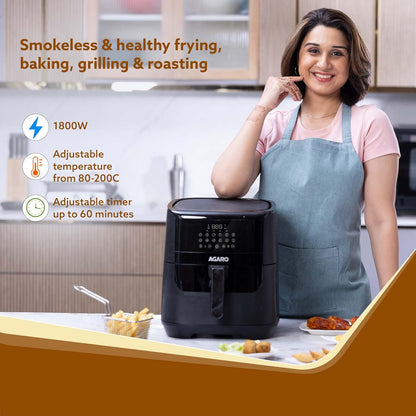 AGARO Elegant Air Fryer, 6.5L, 12 Preset Cooking Modes, 360 Degrees Air Circulation With Variable Temperature Settings, Frying, Grilling, Toasting, Roasting, 1800W, Black.