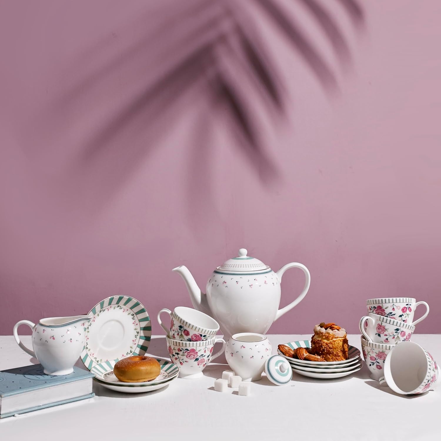 Magique by The Wishing Chair x ClayCraft : Portrait of a Rose Ceramic Teaset 15-Piece | Teapot, Cups & Saucers, Sugar & Milk Pot | Elegant Floral Tea Set for Home High Tea Gifting Weddings Parties