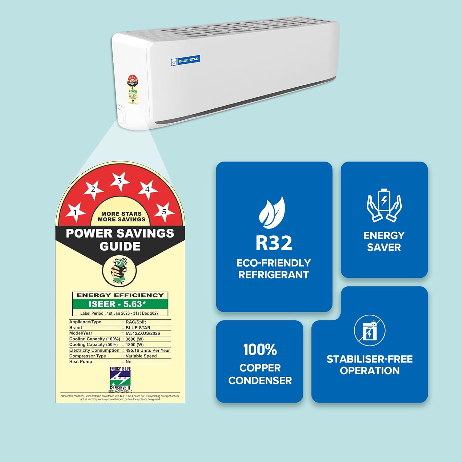 Blue Star 1 Ton 5 Star,New Star rated,Smart Inverter Split AC (Copper, Convertible 5 in 1 Cooling, DigiQ Hepta Sensor, Blue Fins, Self Diagnosis, IA512ZXUS, White)