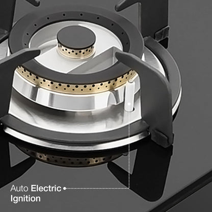 KAFF Built-in Hob/Hobtop 3 Burners with Auto Electric Ignition Glass Top, 60 CM, Brass Burners, Matt Enameled Pan Support, 8 MM Thick Toughened Glass (Black) | VRH 603