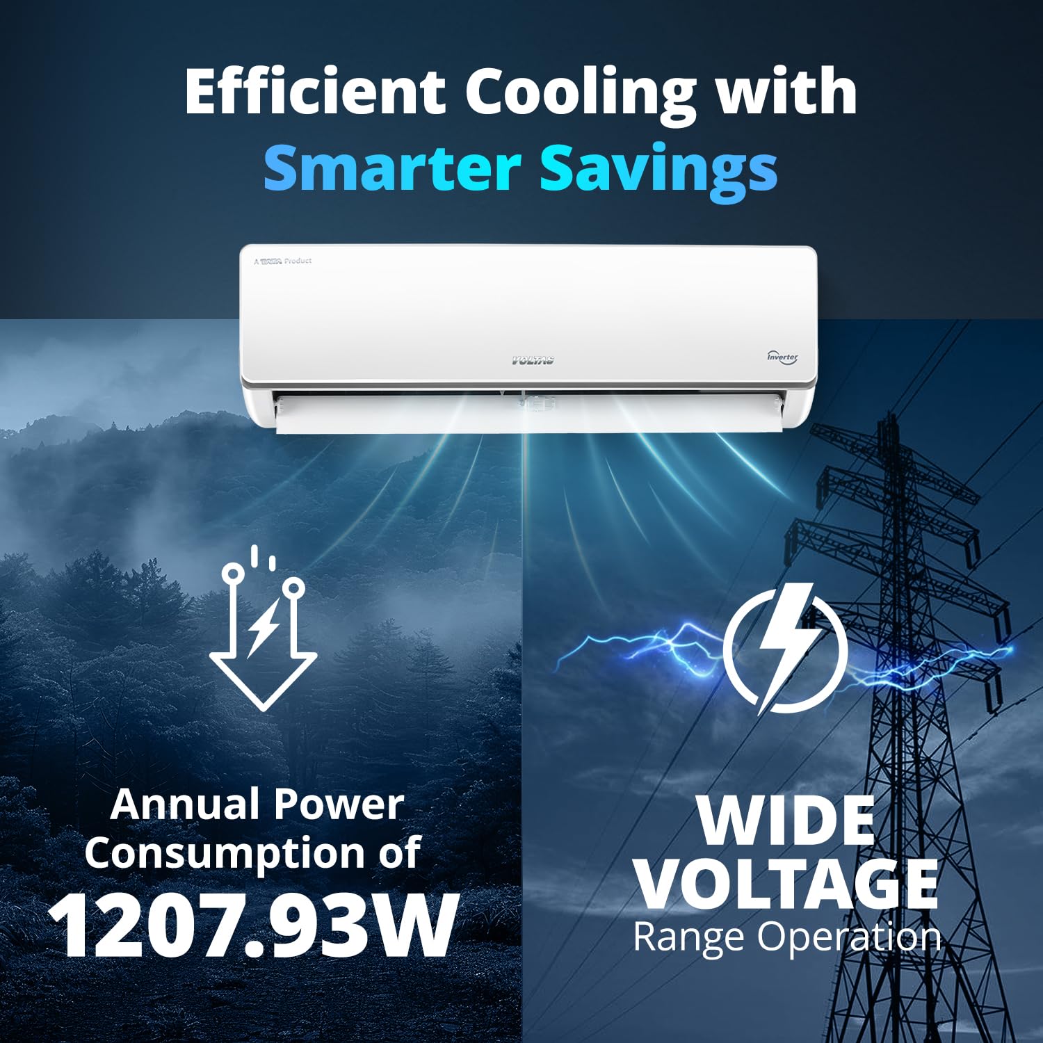 Voltas 243V Vectra CAJ 2 ton 3 star inverter Split AC |4-IN-1 Adjustable mode|Energy Efficient| Anti dust filter with Anti-microbial coating| Sleep mode | Copper Condenser Coil | White