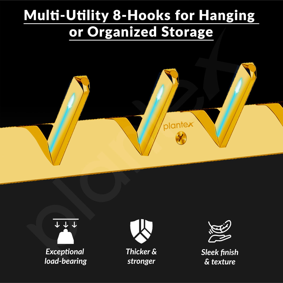 Plantex Wall Hooks for Hanging Cloth/Stainless Steel Towel Hangers/Bathroom Robe Hooks/Door Hangers/Square Wall Hook/Hook Rail for Hanging Keys - 8 Hooks (Pack of 3, PVD Gold)-4