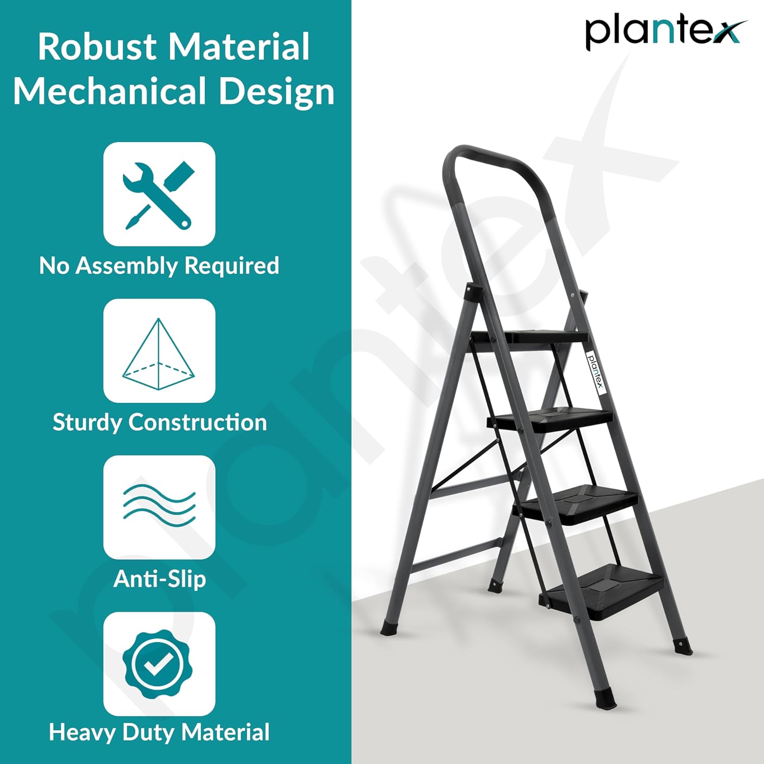 Plantex GI Steel 4-Step Ladder for Home/Easy to fold/Anti-Skid Wide Steps Ladder - (Aura, Black & Grey)