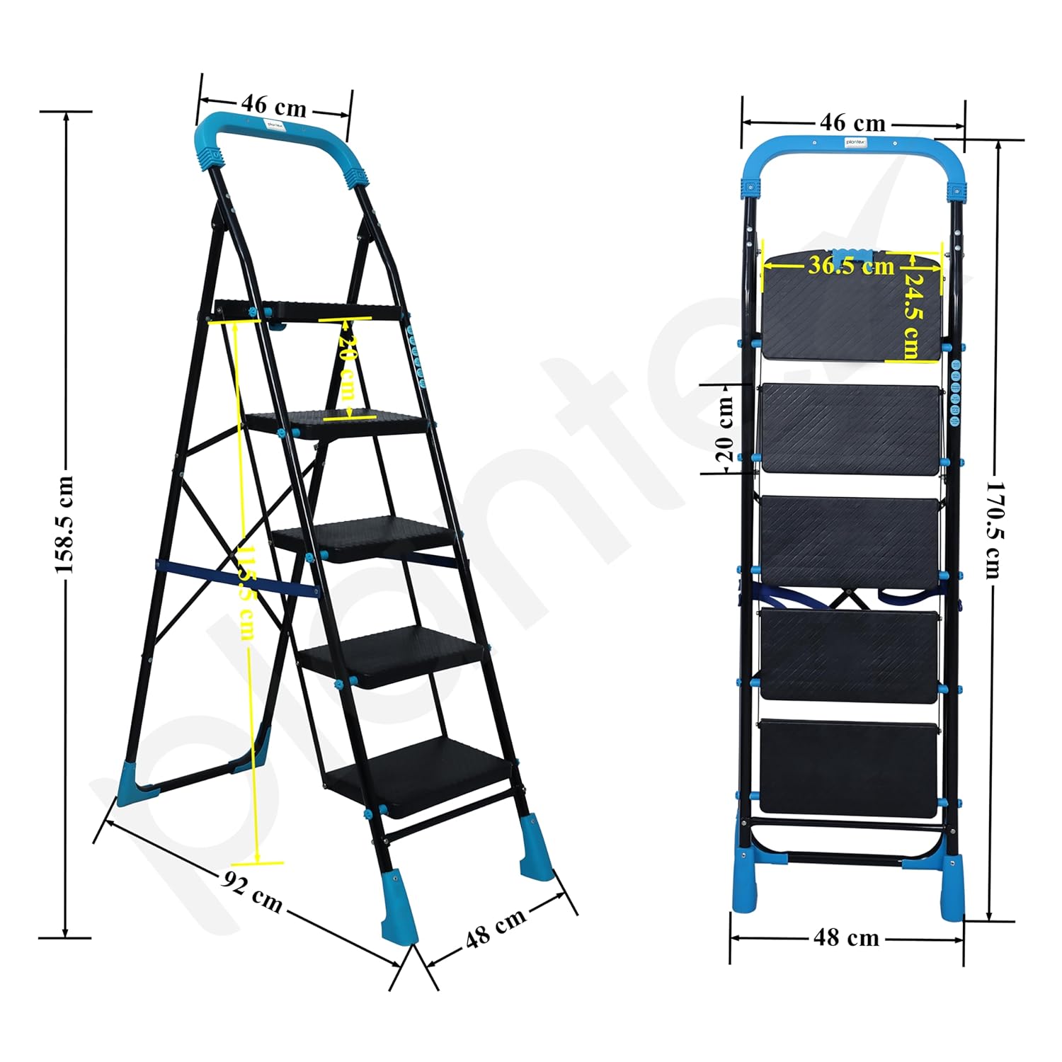 Plantex Stylo Heavy-Duty Mild-Steel Folding 5 Step Ladder for Home with Advanced Locking System/Wide Anti-Skid Step Ladder (Black & Blue)