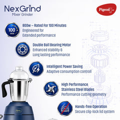 Pigeon Nex Grind 3 jar Blue color Mixer Grinder | 800W Powerful BLDC motor
