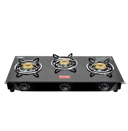 Prestige Supreme 3 Burner Glass Top Gas Stove, Black, Manual Ingnition