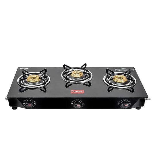 Prestige Supreme 3 Burner Glass Top Gas Stove, Black, Manual Ingnition