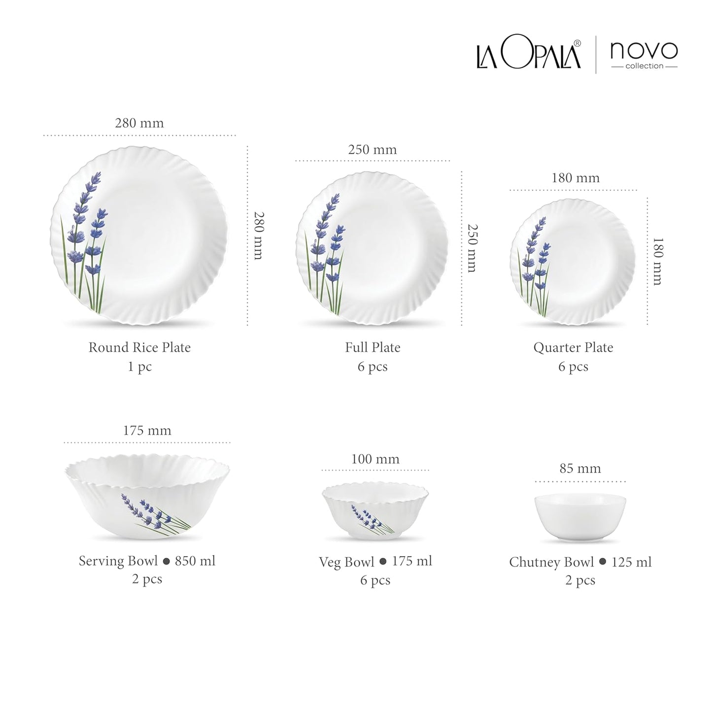 La Opala Novo Collection Opal Glass Crockery | for Family of 6 | Dinner Set 23 pcs English Lavender | Plates & Bowls for Dining | Microwave Safe | 100% Vegetarian | Extra Strong | Light & White