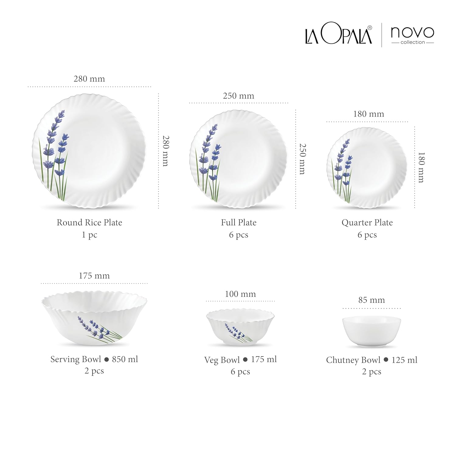 La Opala Novo Collection Opal Glass Crockery | for Family of 6 | Dinner Set 23 pcs English Lavender | Plates & Bowls for Dining | Microwave Safe | 100% Vegetarian | Extra Strong | Light & White