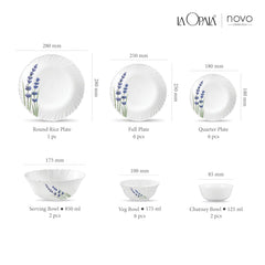 La Opala Novo Collection Opal Glass Crockery | for Family of 6 | Dinner Set 23 pcs English Lavender | Plates & Bowls for Dining | Microwave Safe | 100% Vegetarian | Extra Strong | Light & White