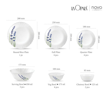 La Opala Novo Collection Opal Glass Crockery | for Family of 6 | Dinner Set 23 pcs English Lavender | Plates & Bowls for Dining | Microwave Safe | 100% Vegetarian | Extra Strong | Light & White