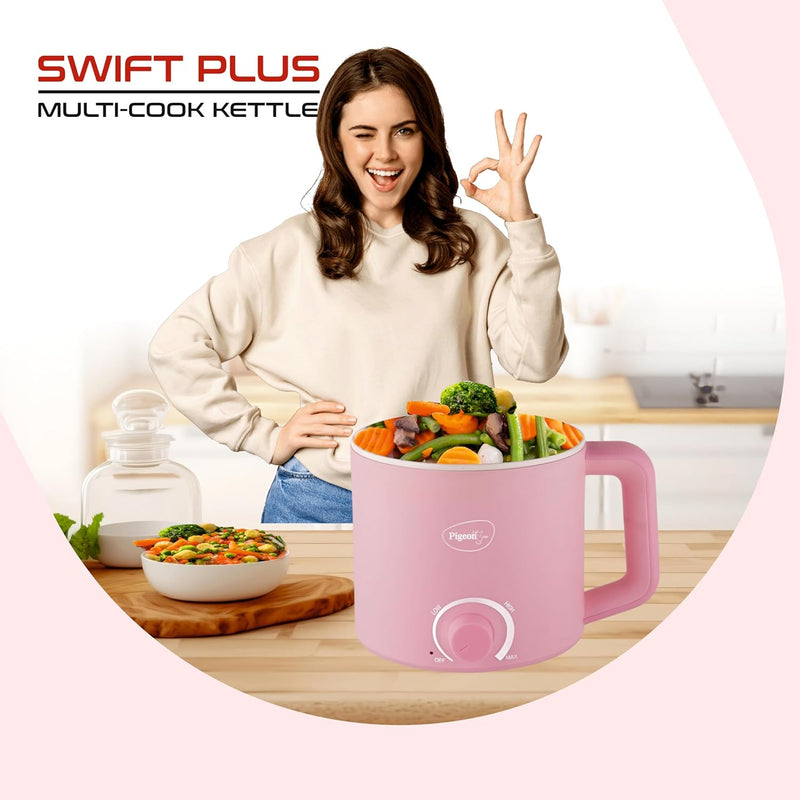 Pigeon By Stovekraft Swift Plus Multi-Cook Kettle 1.5L, With Steamer, Egg Rack - Pink | Black | Double Layered | Food Grade Stainless Steel Inner Wall | Glass Lid | Auto Shut-Off, 600 Watts