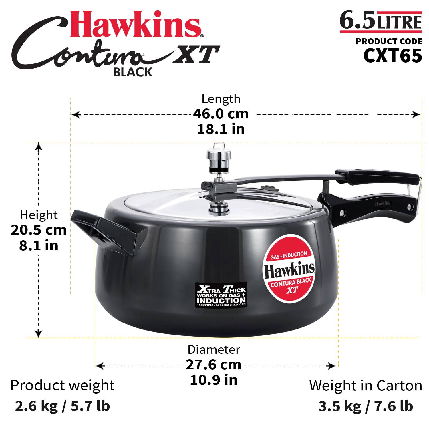 Hawkins 6.5 Litre Contura Black XT Pressure Cooker, Hard Anodised Inner Lid Cooker, Induction Cooker, Black (CXT65)