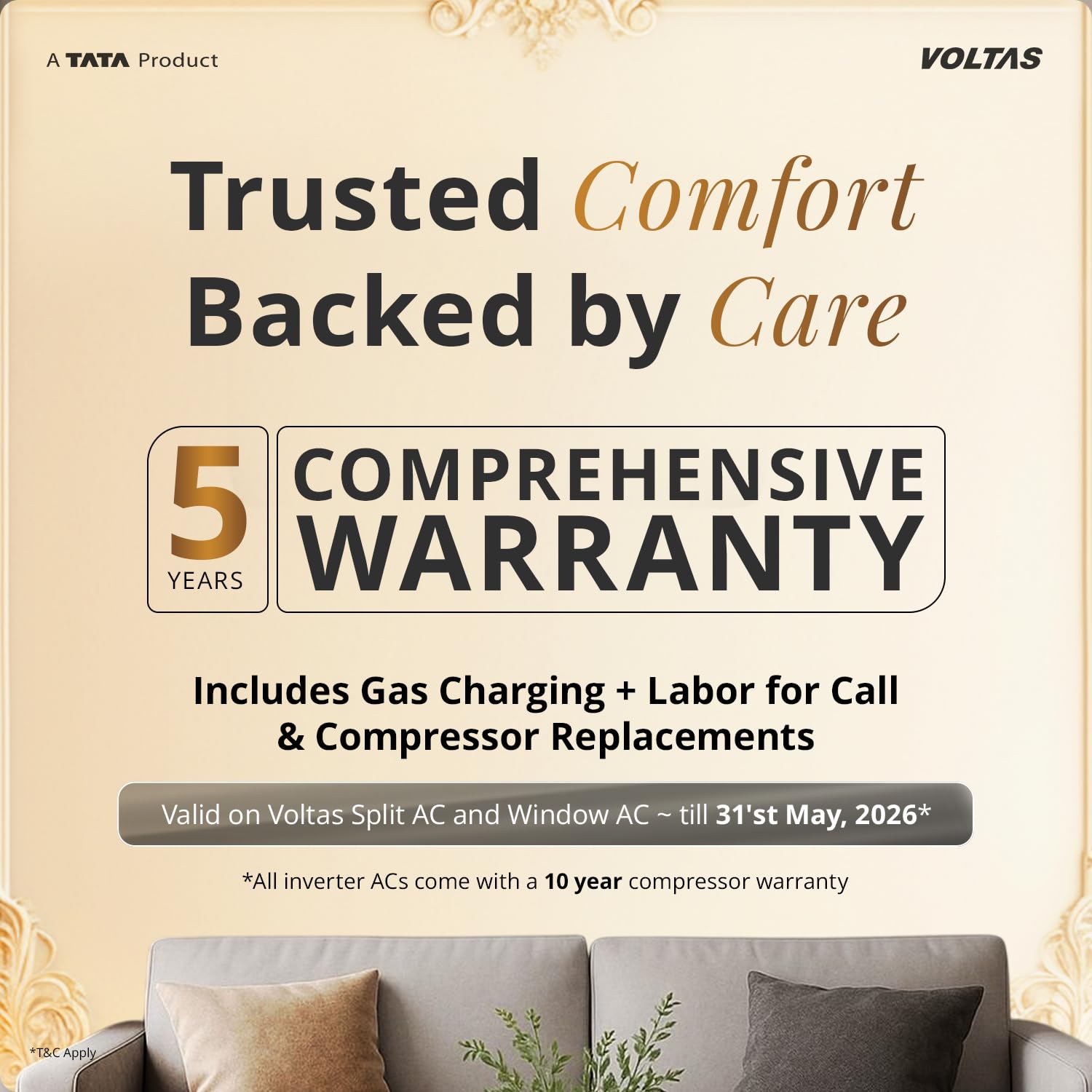 Voltas 1.5 ton 5 Star, New star rated, Inverter Split AC (Copper, Convertible 6-in-1 Cooling Modes, Auto Clean, Sleep Mode with Hidden Display, Memory Restart (185INV VENUS LUXE, White)