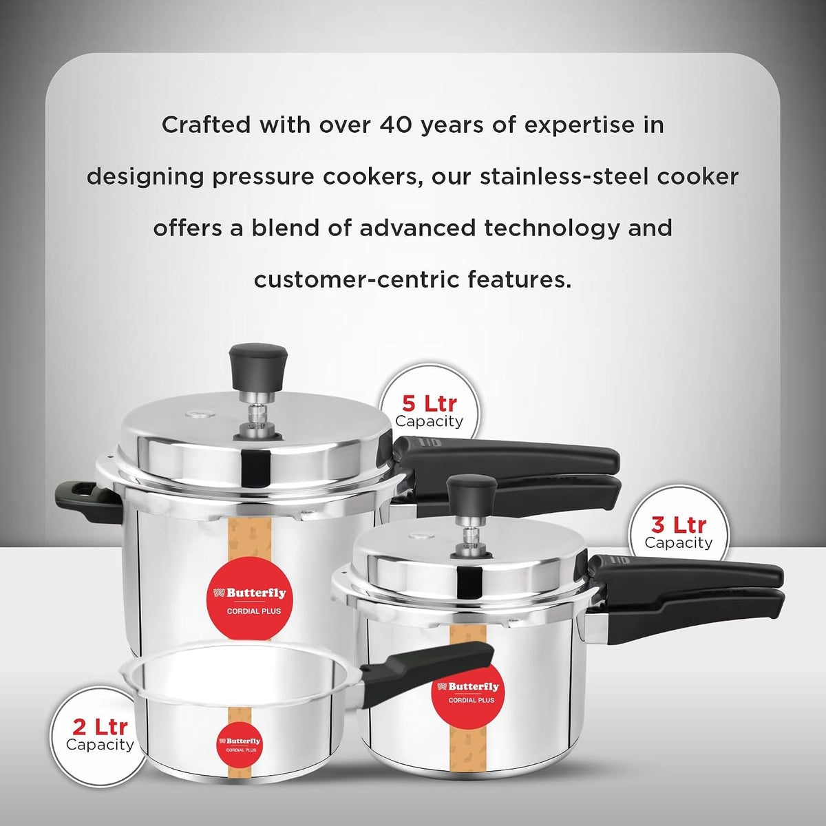 Butterfly Cordial Plus 2L, 3L & 5L SS Pressure Cooker Combo | Stainless Steel | Induction & Gas Stove Compatible| ISI Certified| Triple Safety System| Silver
