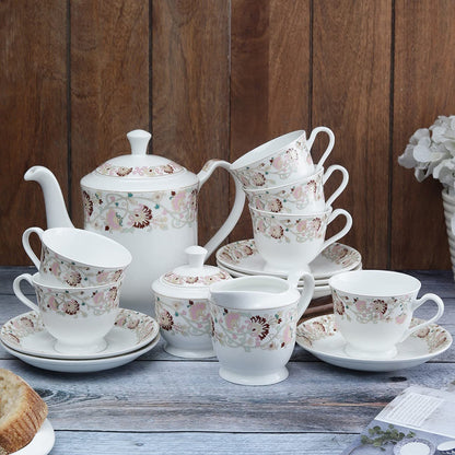 Clay Craft Fine Ceramic Tea Set of 15 (1 Tea Pot with Lid +6 Cups+6 Saucers +1 Milk Pot + 1 Sugar Pot) Can be Gifted to Any Ocassion to Your Loved Ones (Design 1 - Floral)