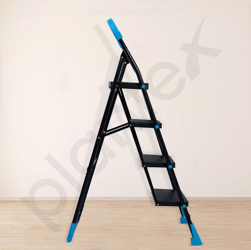 Plantex Stylo Heavy-Duty Mild-Steel Folding 4 Step Ladder for Home with Advanced Locking System/Wide Anti-Skid Step Ladder (Black & Blue)