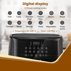 AGARO Elegant Air Fryer, 6.5L, 12 Preset Cooking Modes, 360 Degrees Air Circulation With Variable Temperature Settings, Frying, Grilling, Toasting, Roasting, 1800W, Black.