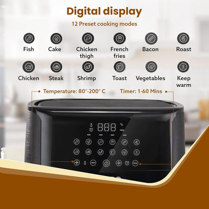AGARO Elegant Air Fryer, 6.5L, 12 Preset Cooking Modes, 360 Degrees Air Circulation With Variable Temperature Settings, Frying, Grilling, Toasting, Roasting, 1800W, Black.