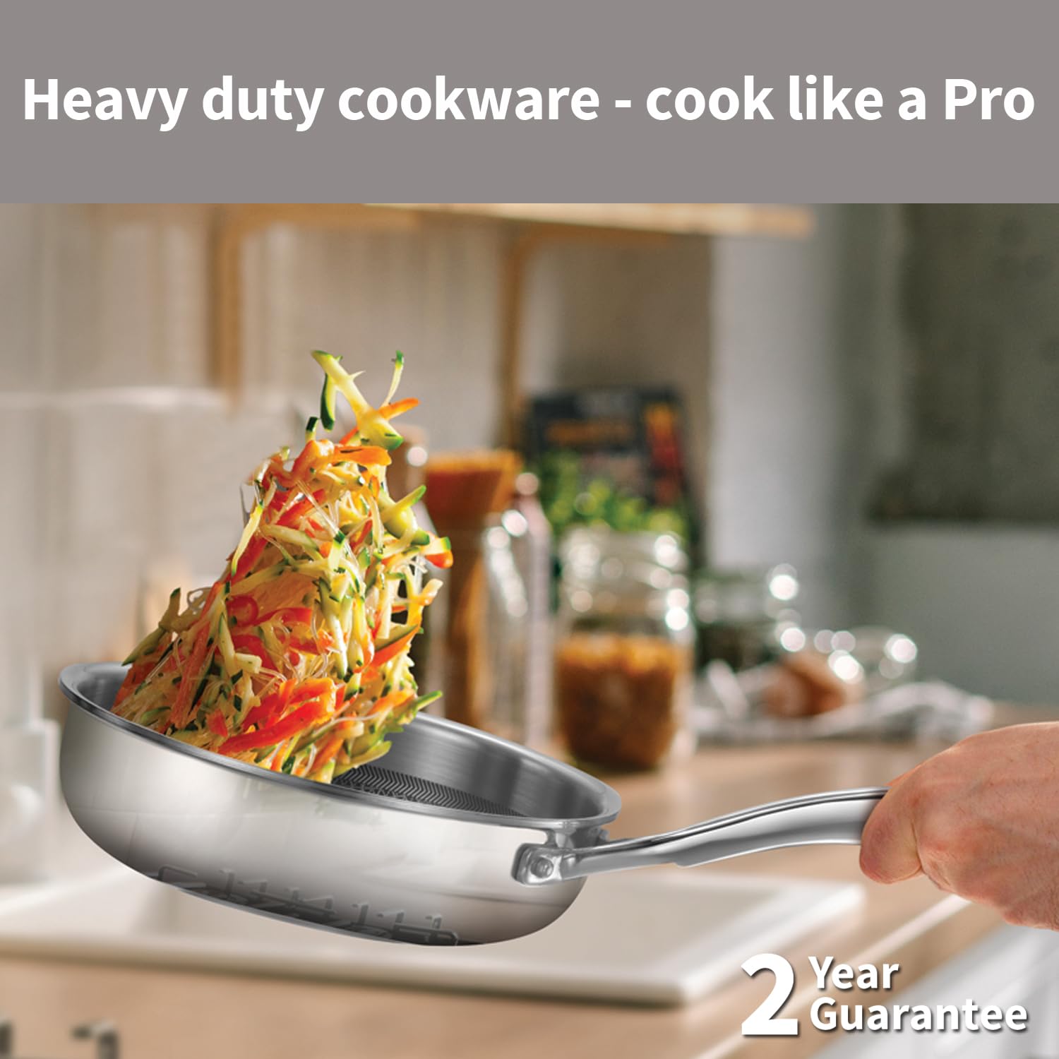 Hawkins Pro 18 cm Shielded Nonstick Triply Frying Pan, Fry Pan with Stainless Steel Handle and Glass Lid, Silver (PSNF18G)