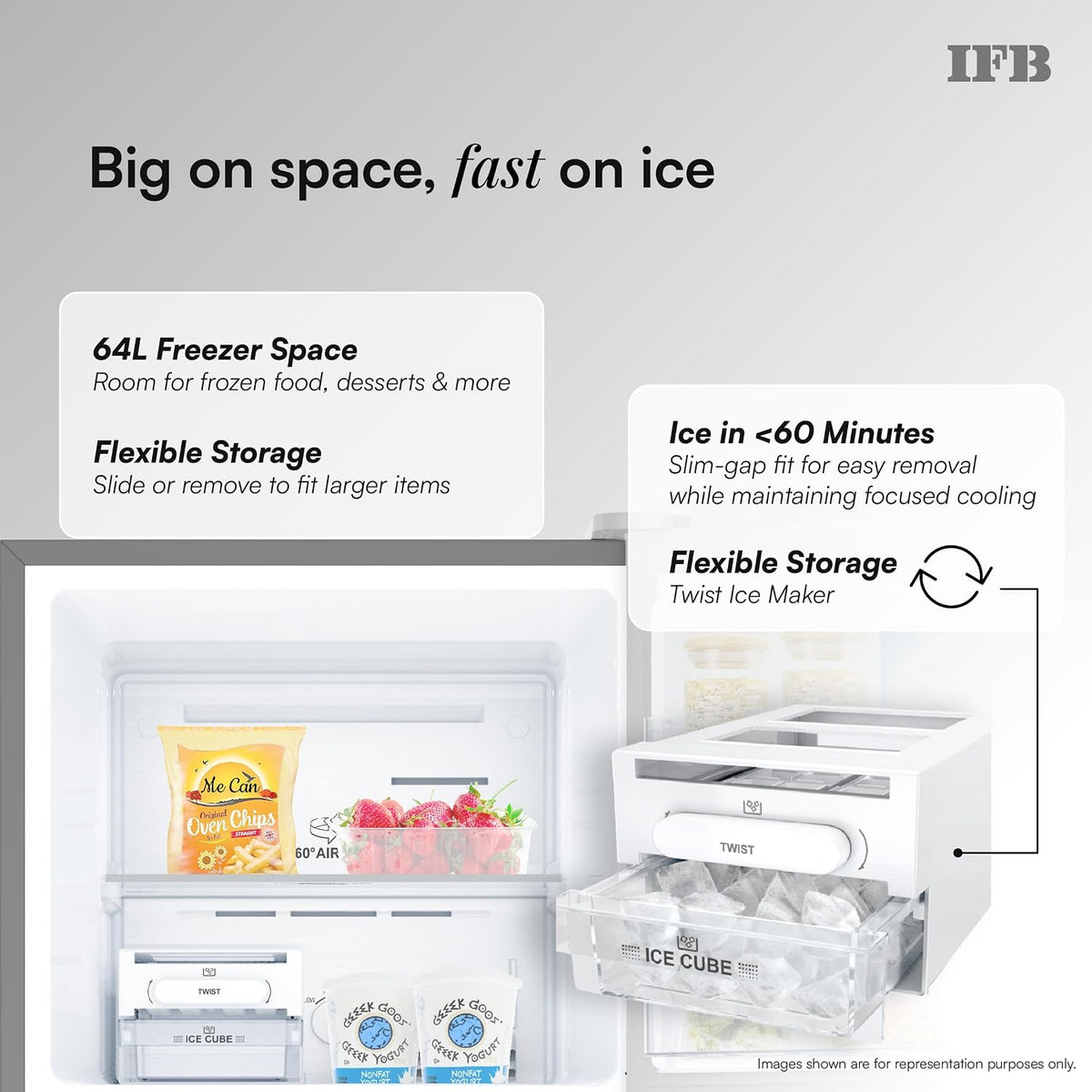 IFB Smart Choice 241L 3Star 10 in 1 Convertible,Advanced Inverter Frost-Free Double Door Refrigerator with 30 Hrs Cooling Retention,Freezer LED &4 (IFBFF-291CYOSETM)-5