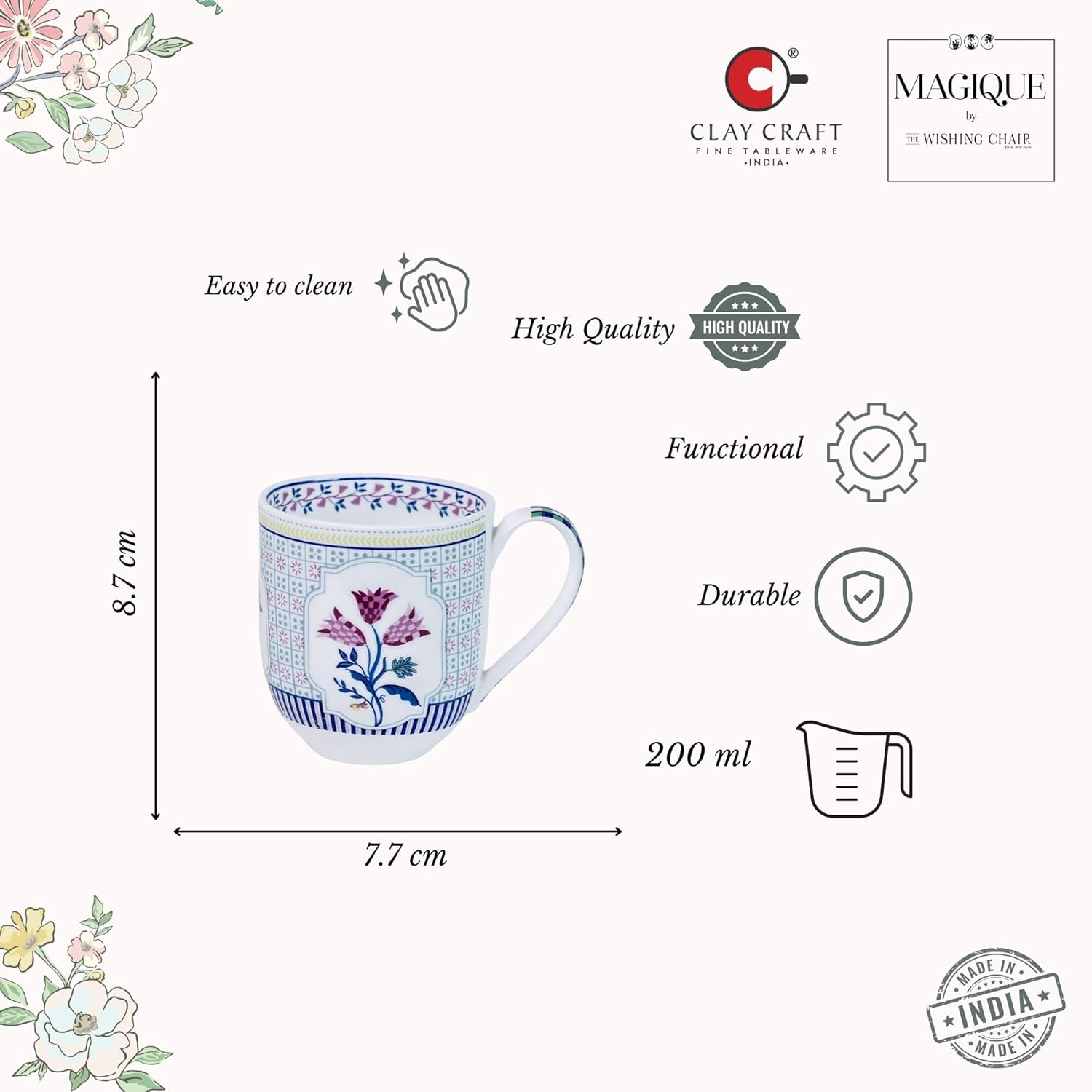 Magique by The Wishing Chair x ClayCraft : Bouquet Tulip Garden Coffee Mugs Set of 6 – 250 ml Fine Ceramic Tea Cups | Lightweight Floral Bone China Mugs | Microwave & Dishwasher Safe | Daily Use
