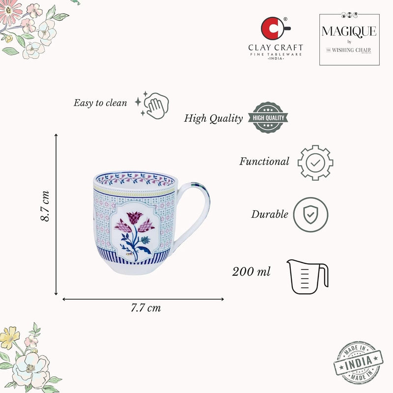 Magique by The Wishing Chair x ClayCraft : Bouquet Tulip Garden Coffee Mugs Set of 6 – 250 ml Fine Ceramic Tea Cups | Lightweight Floral Bone China Mugs | Microwave & Dishwasher Safe | Daily Use