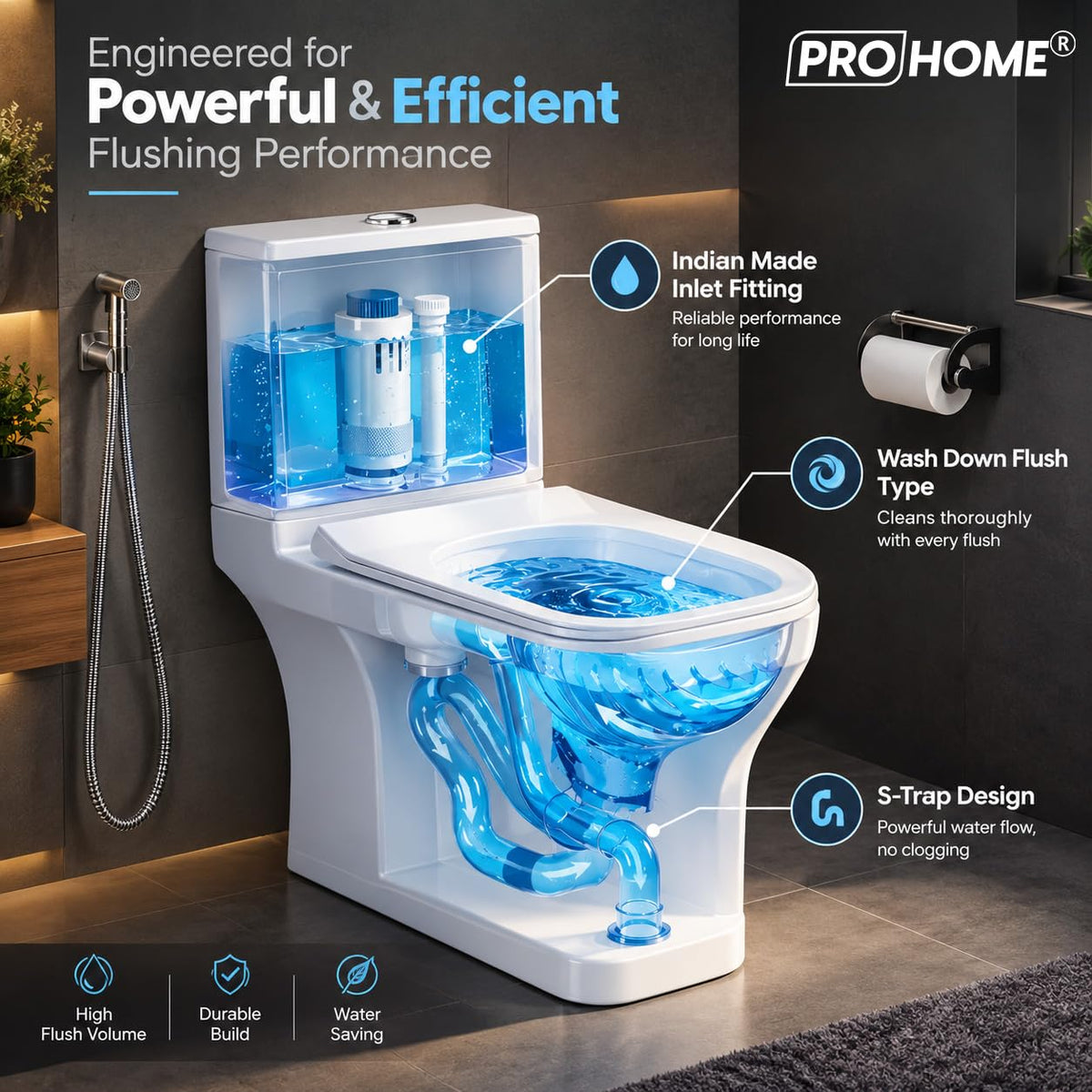PRO HOME Classic One-Piece Ceramic Toilet – Western Style Floor Mounted Commode with Soft Close Seat, Ideal for Homes, Apartments, and Commercial Spaces (White, Large)