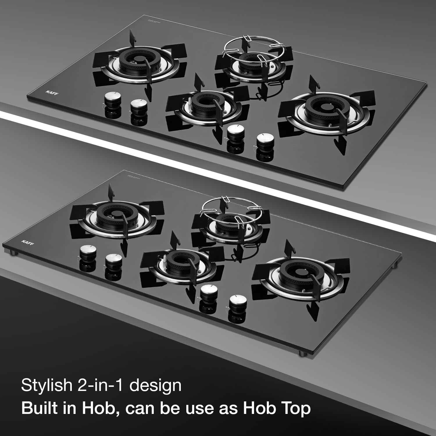 KAFF HBR 784 Built-in Hob/Hobtop 4 Burners, Auto Electric Ignition Glass Top, 78 CM, Powerful Brass Burners, 8 MM Thick Toughened Glass, Enamelled Matt Grills (Black)