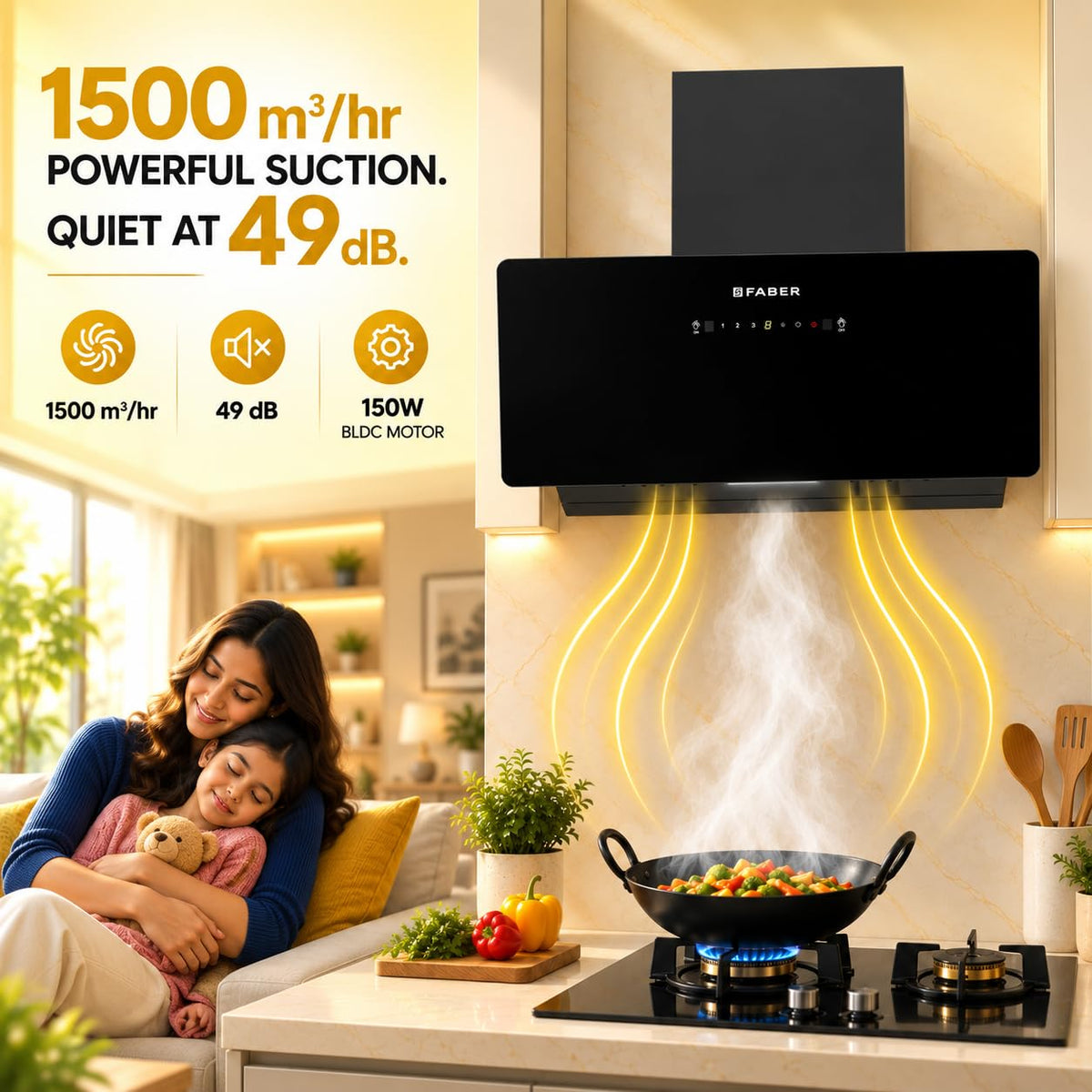Faber Hood Trendy 90cm 1500 m³/hr BLDC Autoclean Slant Shape Chimney | Built In Oil Collector | Touch & Gesture Control 