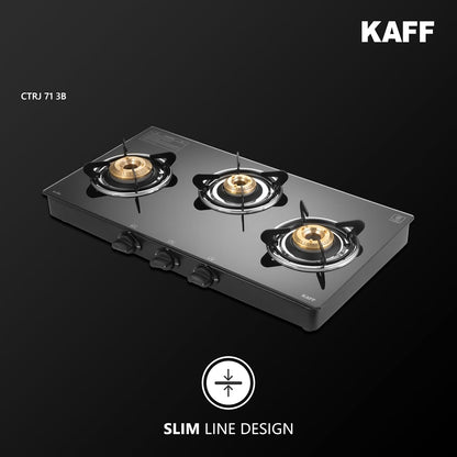 KAFF Cooktop | 3 Burners with Slim Line Design 71 CM | High Efficiency Brass Burners, Black Tempered Glass | Matt Enamelled Pan Support | Black | CTRJ71-3B