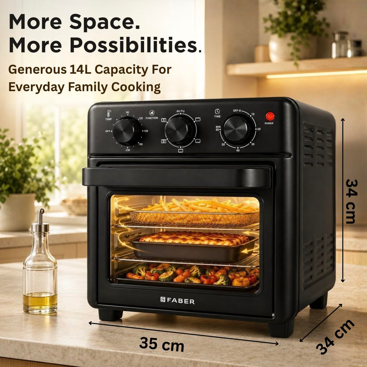 Faber Air Fryer Oven 14L 1400W|View Window|Bake Tray,Crumb Tray & Tray Handle|Dishwasher safe removable parts|6 cooking 