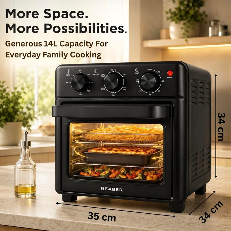 Faber Air Fryer Oven 14L 1400W|View Window|Bake Tray,Crumb Tray & Tray Handle|Dishwasher safe removable parts|6 cooking 