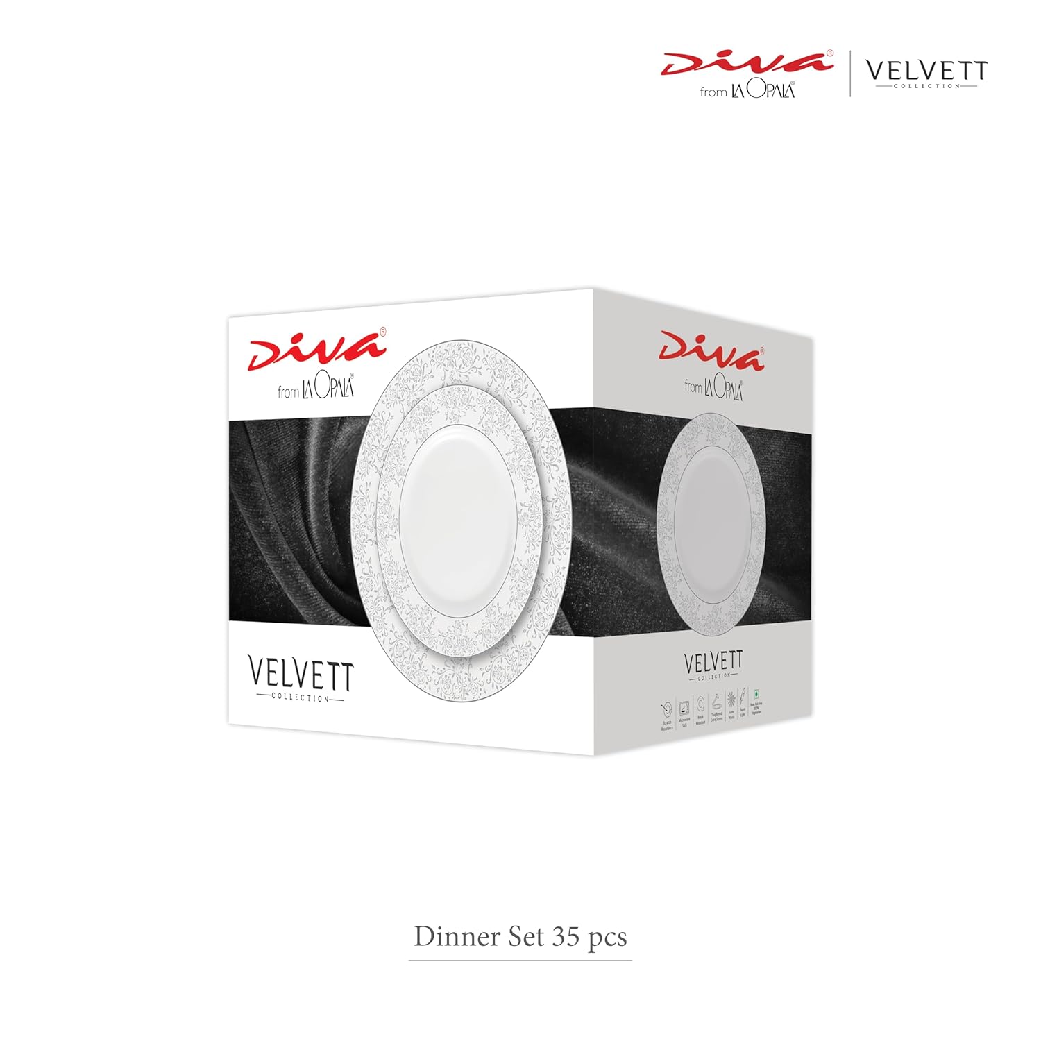 La Opala Diva Velvett Collection Opal Glass Crockery | for Family of 6 | Dinner Set 35 pcs Stella Grey | Plates & Bowls for Dining | Microwave Safe | 100% Vegetarian | Extra Strong | Light & White