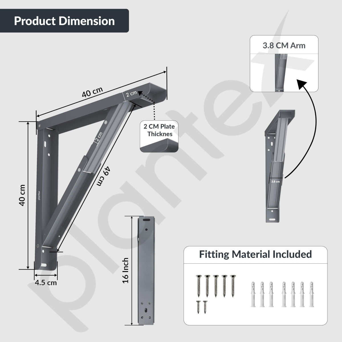 Plantex Heavy Duty 16 Inch Foldable Table Bracket/GI Steel Multipurpose Shelf Bracket/Space Saving Wall Bracket/Folding Bracket for Home & Office - Pair of 1 (Grey)-2