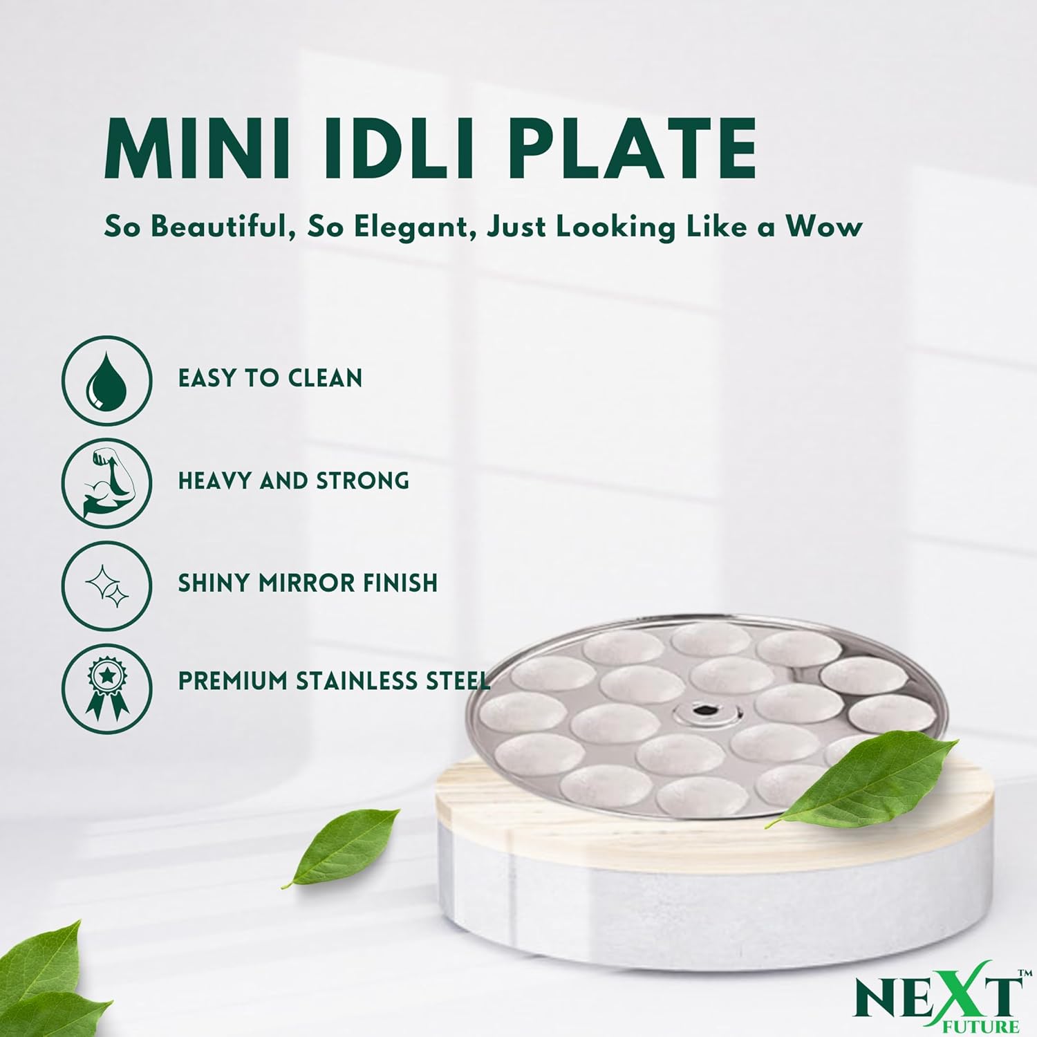 Next Future 5-Star Stainless Steel Mini Idli Plates set of 6 | Mini Idli Stand | Mini Idli Maker Stand with 108 Idli Kulis, High Polish with Rod Picker Handle (6 Plates)