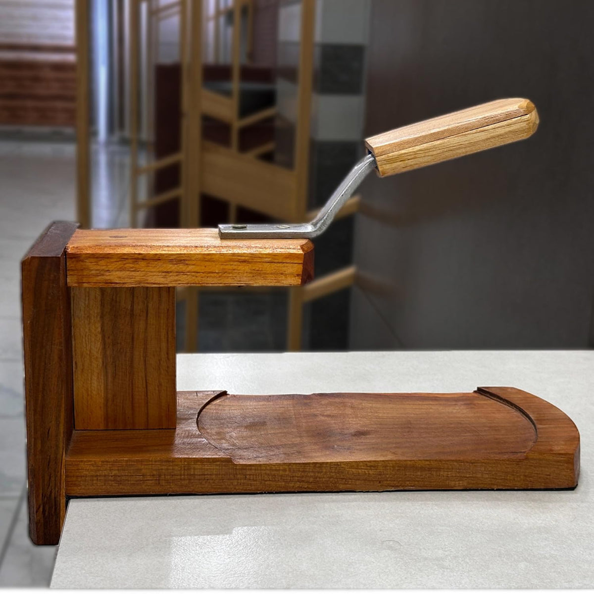 Vyga Bold Teak Wood Coconut Scraper with Iron Blade, Traditional Kerala Handcrafted Design, Bowl Ring Base