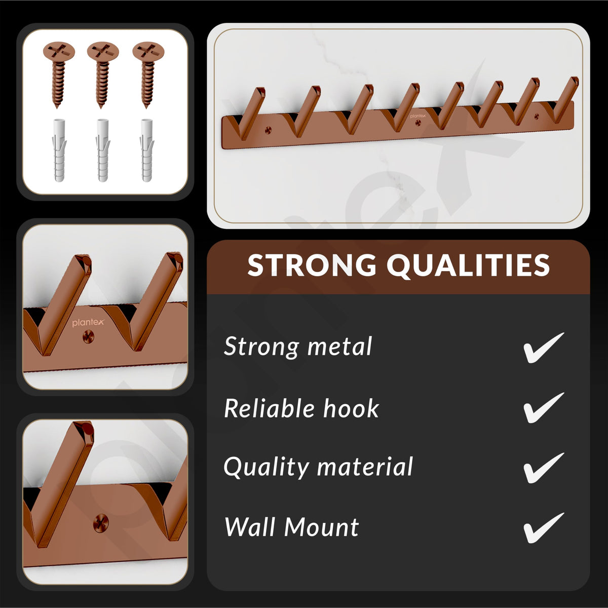 Plantex Wall Hooks for Hanging Cloth/Stainless Steel Towel Hangers/Bathroom Robe Hooks/Door Hangers/Square Wall Hook/Hook Rail for Hanging Keys - 8 Hooks (Pack of 2, PVD Rose Gold)-6
