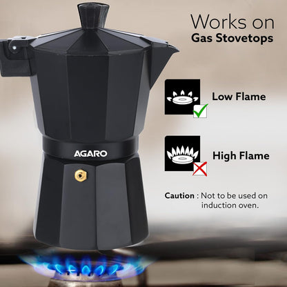 AGARO Classic Moka Pot, Stovetop, Espresso Coffee Maker, 240 Ml, Premium Aluminium Built, Italian Style Mocha, Cuban Café Brewing, Black