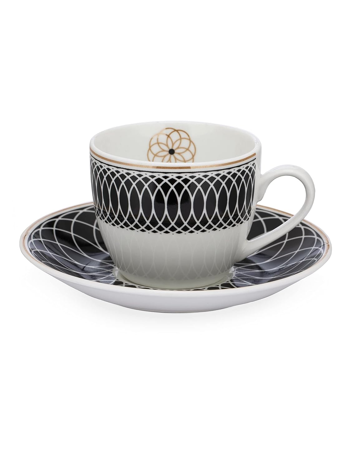 Clay Craft Fine Ceramic Cream Series Cup & Saucer Set for Tea/Coffee of 12 (6 Cups + 6 Saucers) - 180 ml Each (Black Circles)