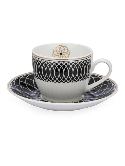 Clay Craft Fine Ceramic Cream Series Cup & Saucer Set for Tea/Coffee of 12 (6 Cups + 6 Saucers) - 180 ml Each (Black Circles)
