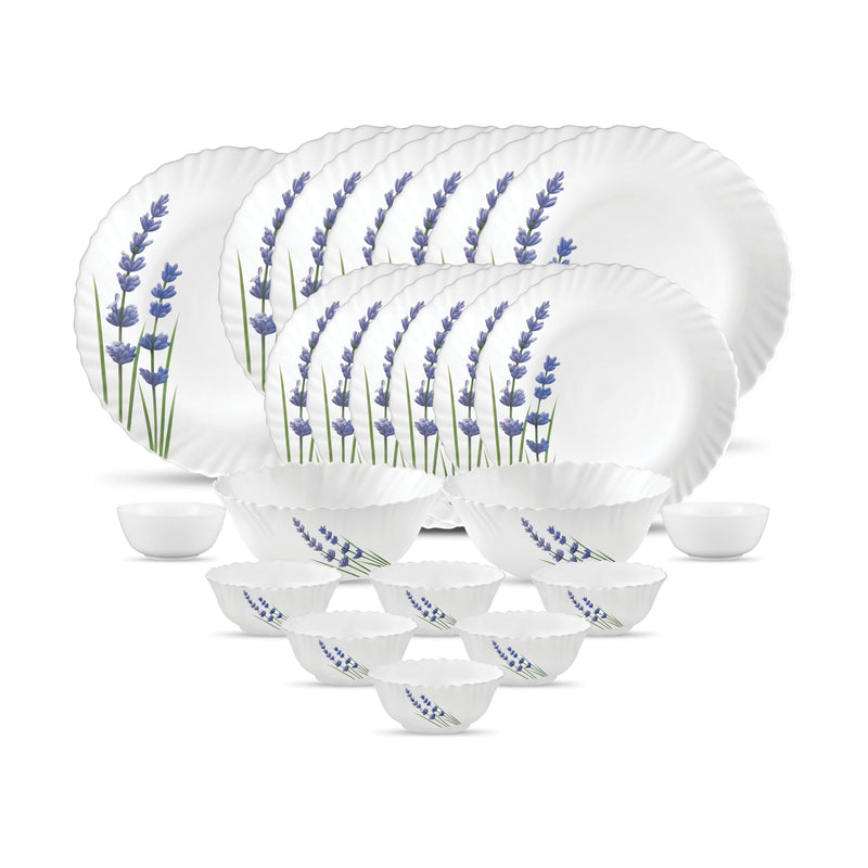 La Opala Novo Collection Opal Glass Crockery | for Family of 6 | Dinner Set 23 pcs Trinty Green | Plates & Bowls for Dining | Microwave Safe | 100% Vegetarian | Extra Strong | Light & White