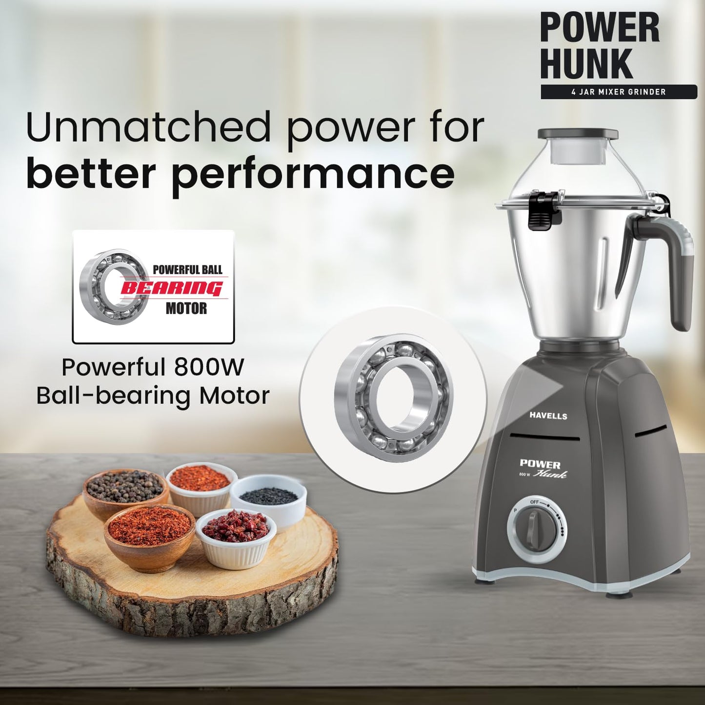 Havells Power Hunk (4 Jar) 800 watt Mixer Grinder with 3 Wider mouth Stainless Steel Jar, Hands Free operation, SS-304 Grade Blade & 7 year motor warranty (Grey)