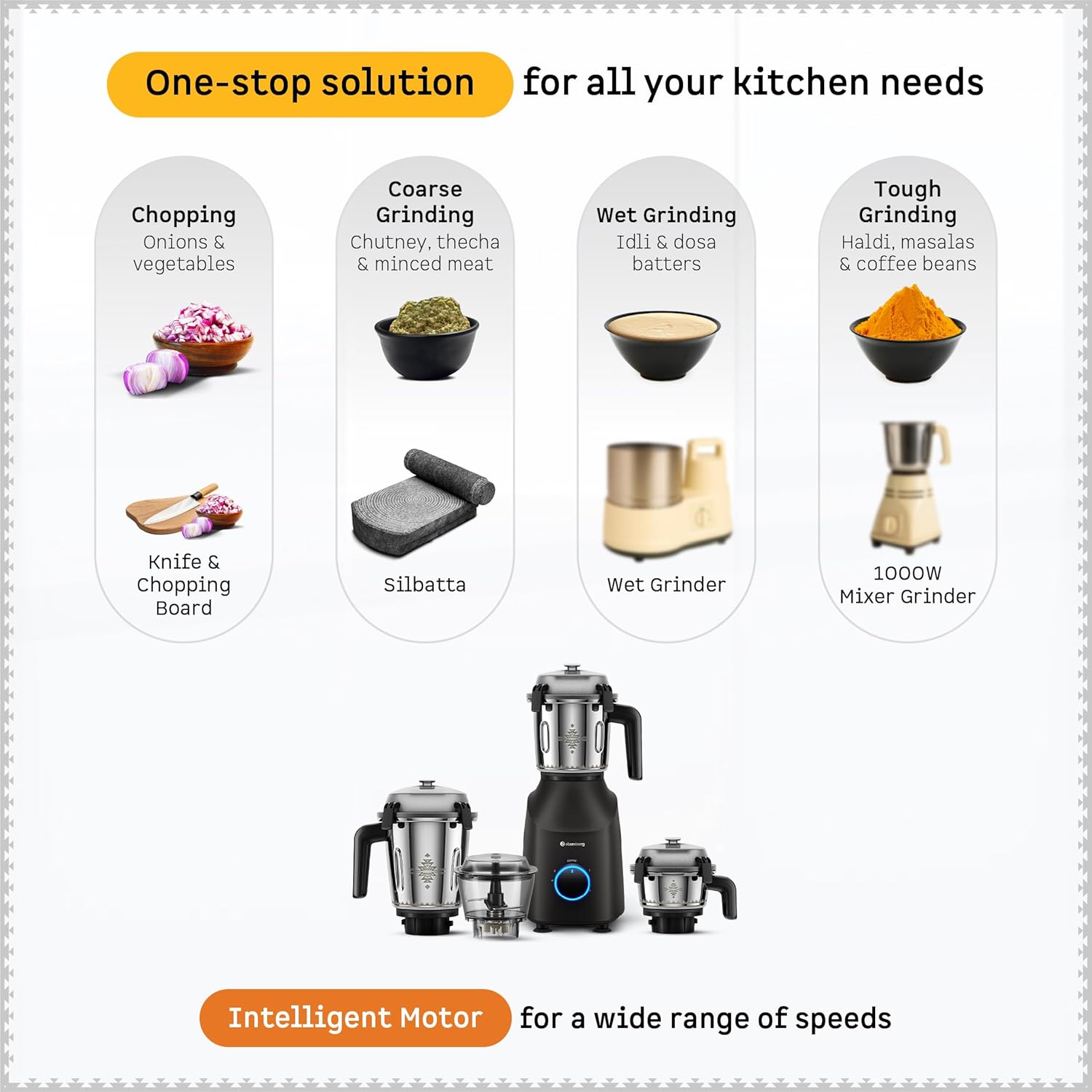 Atomberg Tavi Mixer Grinder | 𝟏𝟏𝟎𝐕 𝐎𝐧𝐥𝐲 𝐟𝐨𝐫 𝐔𝐒 & 𝐂𝐚𝐧𝐚𝐝𝐚 | Unique Coarse Mode for Silbatta-Like Texture | Intelligent 600W Motor | 4 Jars Including Chopper Jar | Matte Black