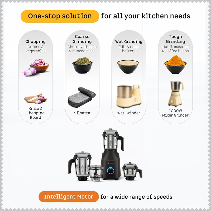 Atomberg Tavi Mixer Grinder | 𝟏𝟏𝟎𝐕 𝐎𝐧𝐥𝐲 𝐟𝐨𝐫 𝐔𝐒 & 𝐂𝐚𝐧𝐚𝐝𝐚 | Unique Coarse Mode for Silbatta-Like Texture | Intelligent 600W Motor | 4 Jars Including Chopper Jar | Matte Black