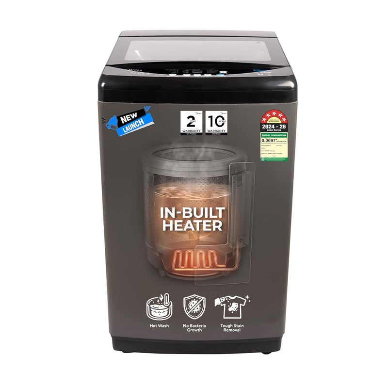Midea 9 Kg 5 Star, Self Clean Drum Technology, Fully Automatic Top Load Washing Machine with Inbuilt Heater, 10 Wash Programs (MWMTL090FP1GHMB, Metal Body Mid Black)