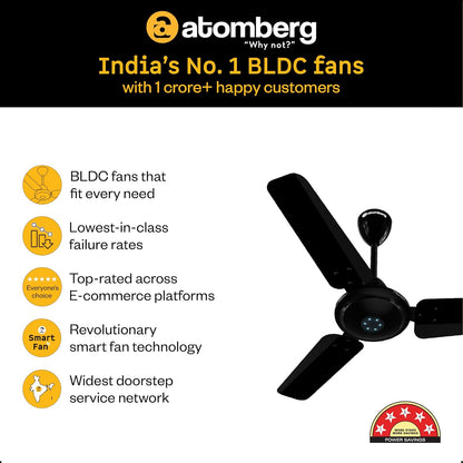 atomberg Ikano 900mm BLDC Ceiling Fan with Remote | BEE 5 star | High Air Delivery | LED Speed Indicator | Low Noise | Timeless Design with Power Saving | 3 Year Warranty | Gloss Black